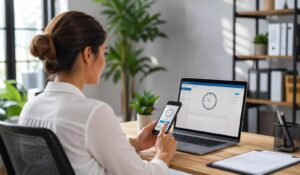 Employee using an employee clock in app on mobile and laptop in a modern office workspace.