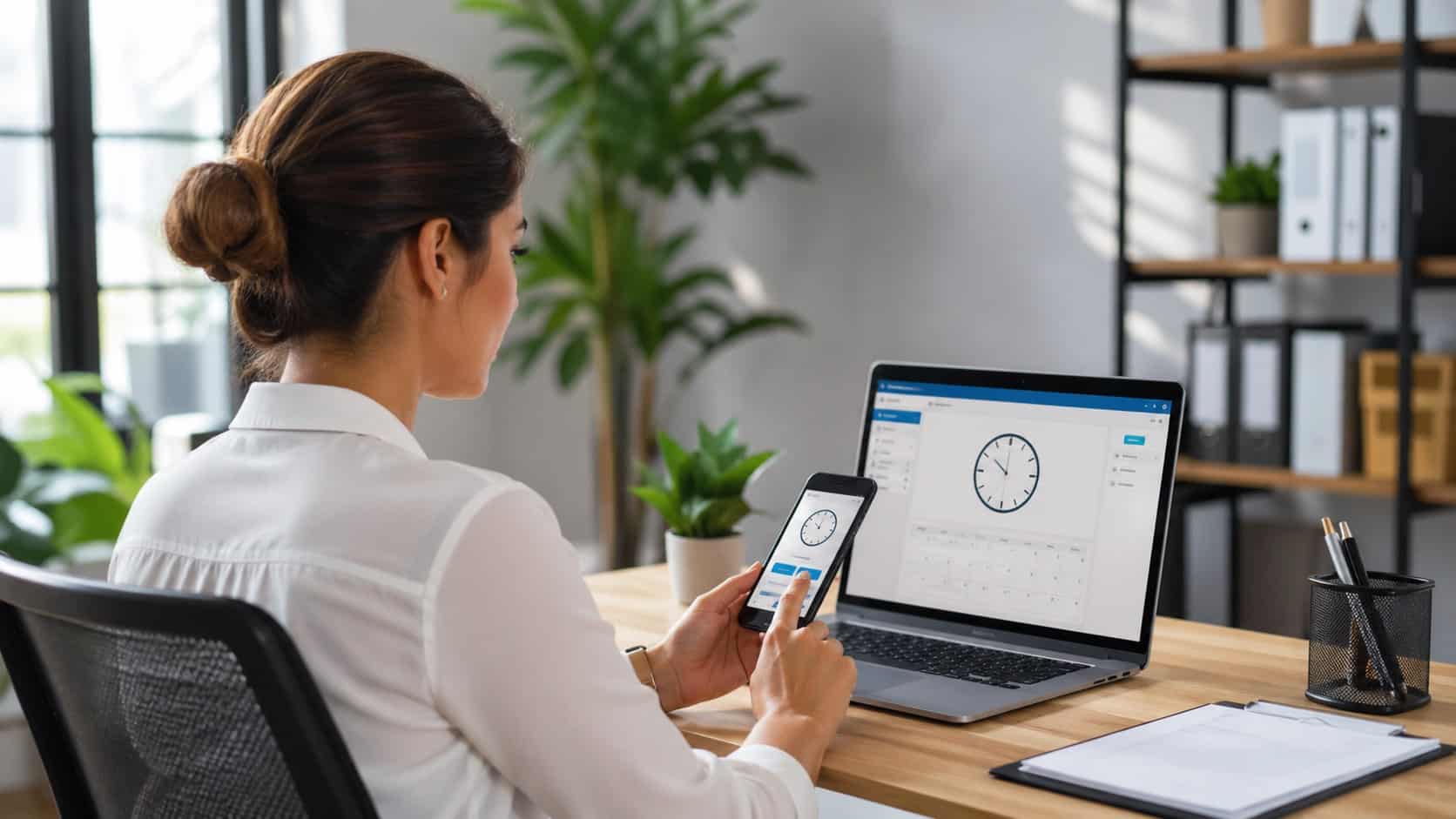 Employee using an employee clock in app on mobile and laptop in a modern office workspace.