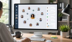 Modern office setup displaying employee communication apps dashboard connecting teams through a centralized digital interface.