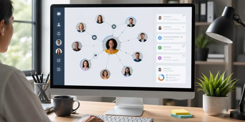 Modern office setup displaying employee communication apps dashboard connecting teams through a centralized digital interface.