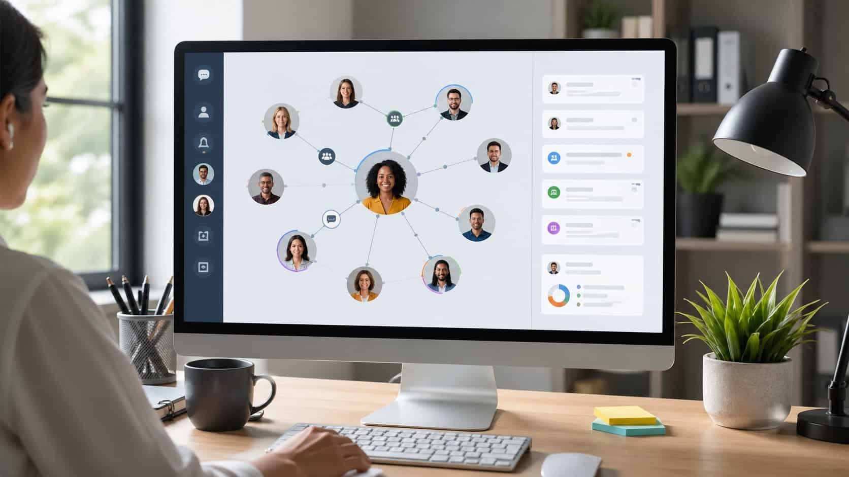 Modern office setup displaying employee communication apps dashboard connecting teams through a centralized digital interface.