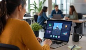 Employee working on a laptop displaying an employee engagement gamification dashboard in a modern office setting with collaborative team in background.