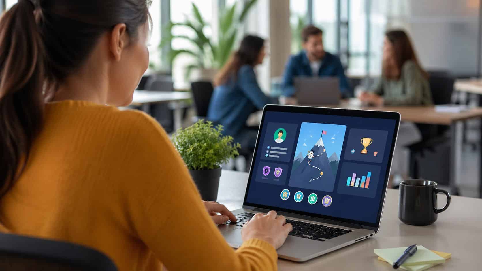 Employee working on a laptop displaying an employee engagement gamification dashboard in a modern office setting with collaborative team in background.