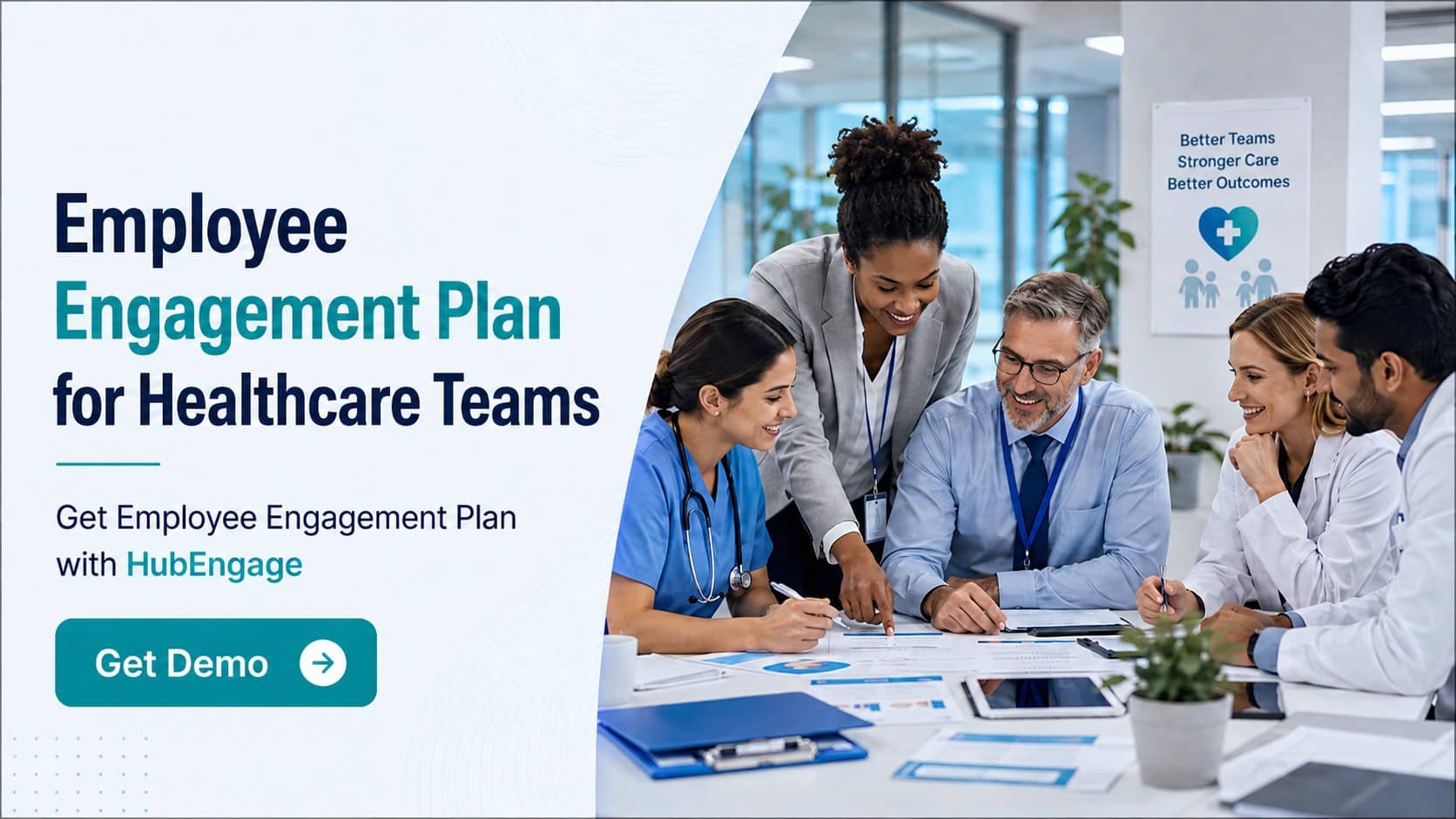 Healthcare team collaborating on an employee engagement plan using Hubengage.