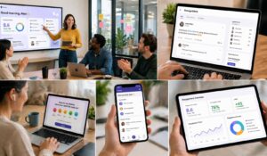 Employees interacting with modern employee engagement platforms on laptops, tablets, and mobile devices in a collaborative office setting
