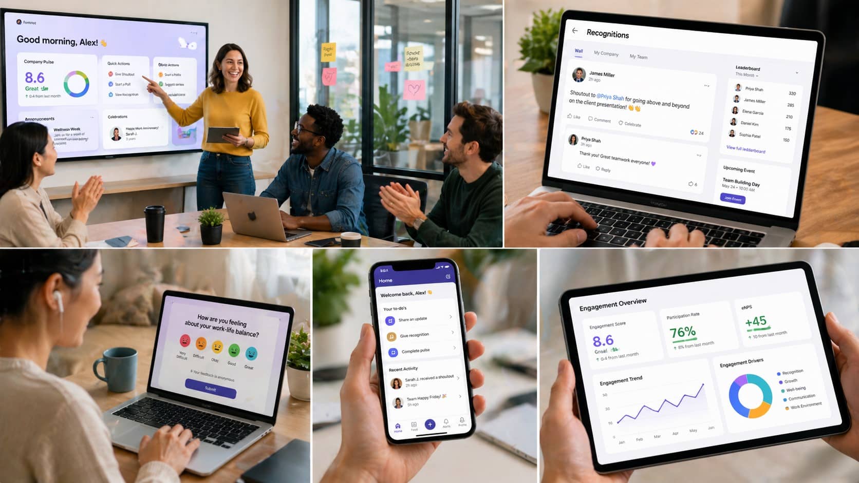 Employees interacting with modern employee engagement platforms on laptops, tablets, and mobile devices in a collaborative office setting