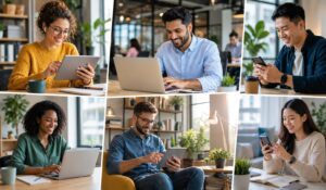 Modern collage of diverse employees using desktop, tablet, and mobile devices to participate in an employee engagement program in bright, professional workspaces.