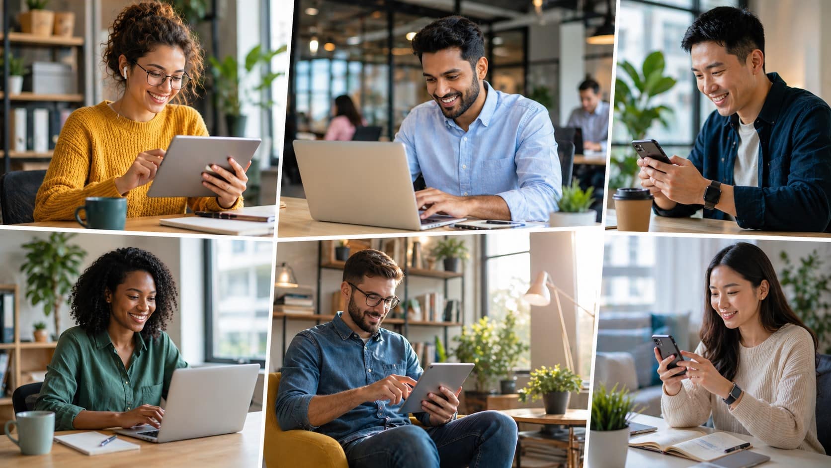 Modern collage of diverse employees using desktop, tablet, and mobile devices to participate in an employee engagement program in bright, professional workspaces.