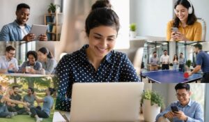 Employee using multiple devices to complete employee engagement surveys, surrounded by colleagues participating in fun workplace activities in a modern office setting.