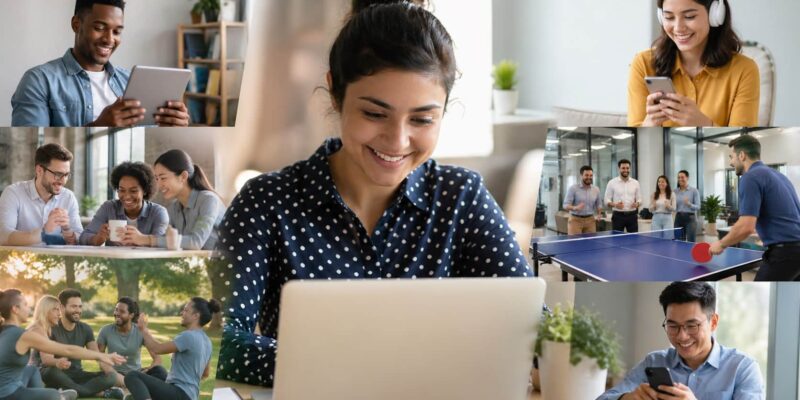 Employee using multiple devices to complete employee engagement surveys, surrounded by colleagues participating in fun workplace activities in a modern office setting.