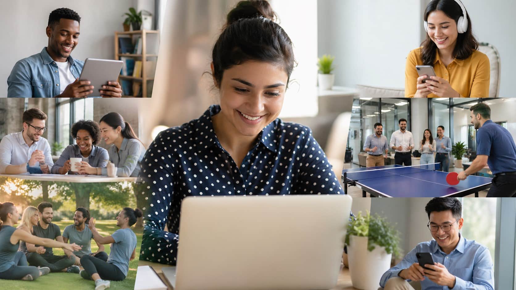 Employee using multiple devices to complete employee engagement surveys, surrounded by colleagues participating in fun workplace activities in a modern office setting.