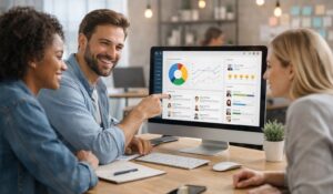 Employees reviewing analytics dashboard on Employee Experience Platforms during a collaborative office meeting