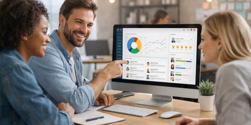 Employees reviewing analytics dashboard on Employee Experience Platforms during a collaborative office meeting