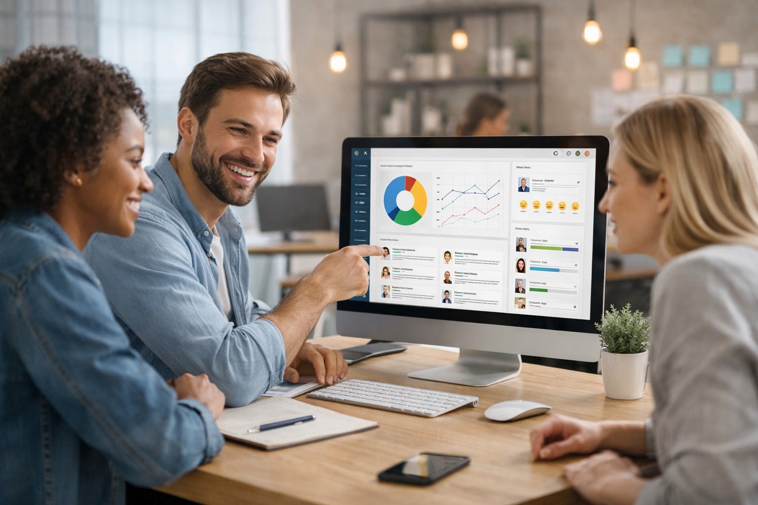 Employees reviewing analytics dashboard on Employee Experience Platforms during a collaborative office meeting