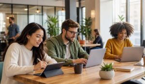 Modern office workspace with diverse employees collaborating on laptops and tablets, representing employee experience management resources in a bright, professional environment.