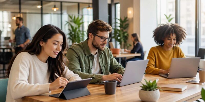 Modern office workspace with diverse employees collaborating on laptops and tablets, representing employee experience management resources in a bright, professional environment.