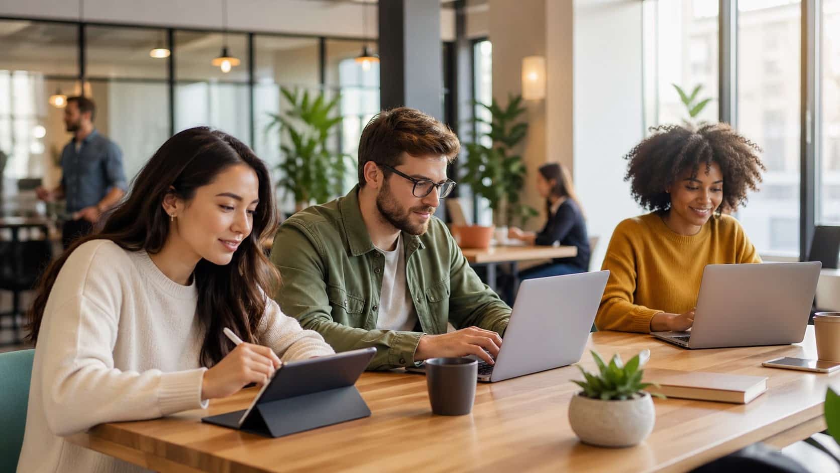 Modern office workspace with diverse employees collaborating on laptops and tablets, representing employee experience management resources in a bright, professional environment.