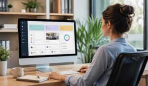 Employee using employee experience software on a desktop in a modern, well-lit office workspace
