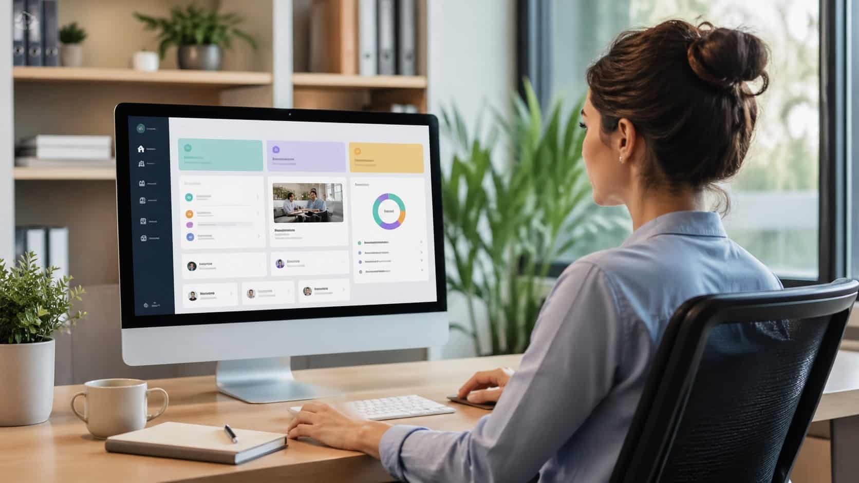 Employee using employee experience software on a desktop in a modern, well-lit office workspace