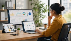 Modern workspace with multiple devices displaying dashboards, representing an employee experience solution in action