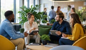 Modern office team collaborating in a bright workspace, showcasing a people-focused employee experience strategy.