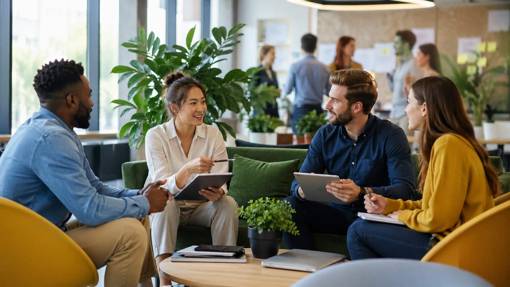 Modern office team collaborating in a bright workspace, showcasing a people-focused employee experience strategy.