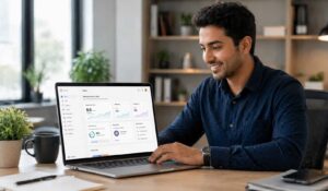 Employee using modern employee experience tools dashboard on laptop in a bright, clean workspace