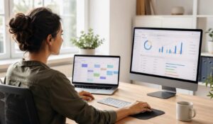 Employee using dual screens with employee scheduling and time tracking software to manage tasks and work hours in a modern office.