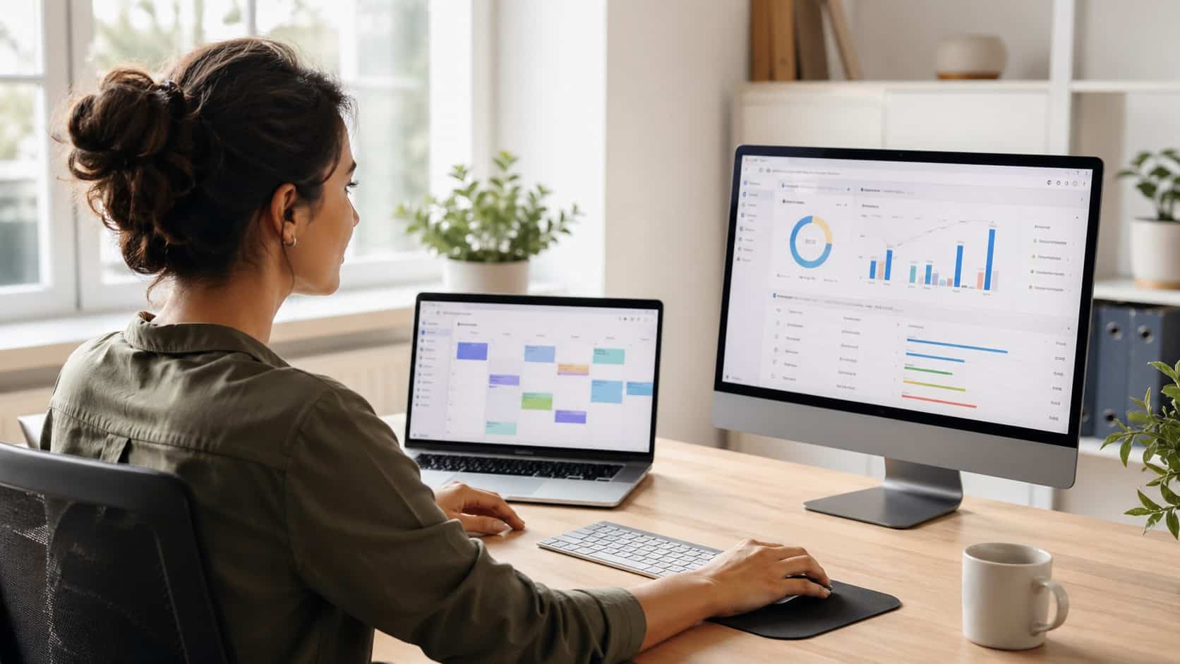 Employee using dual screens with employee scheduling and time tracking software to manage tasks and work hours in a modern office.