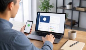 Employee using an employee time clock app on laptop and mobile dashboard in a modern workspace.