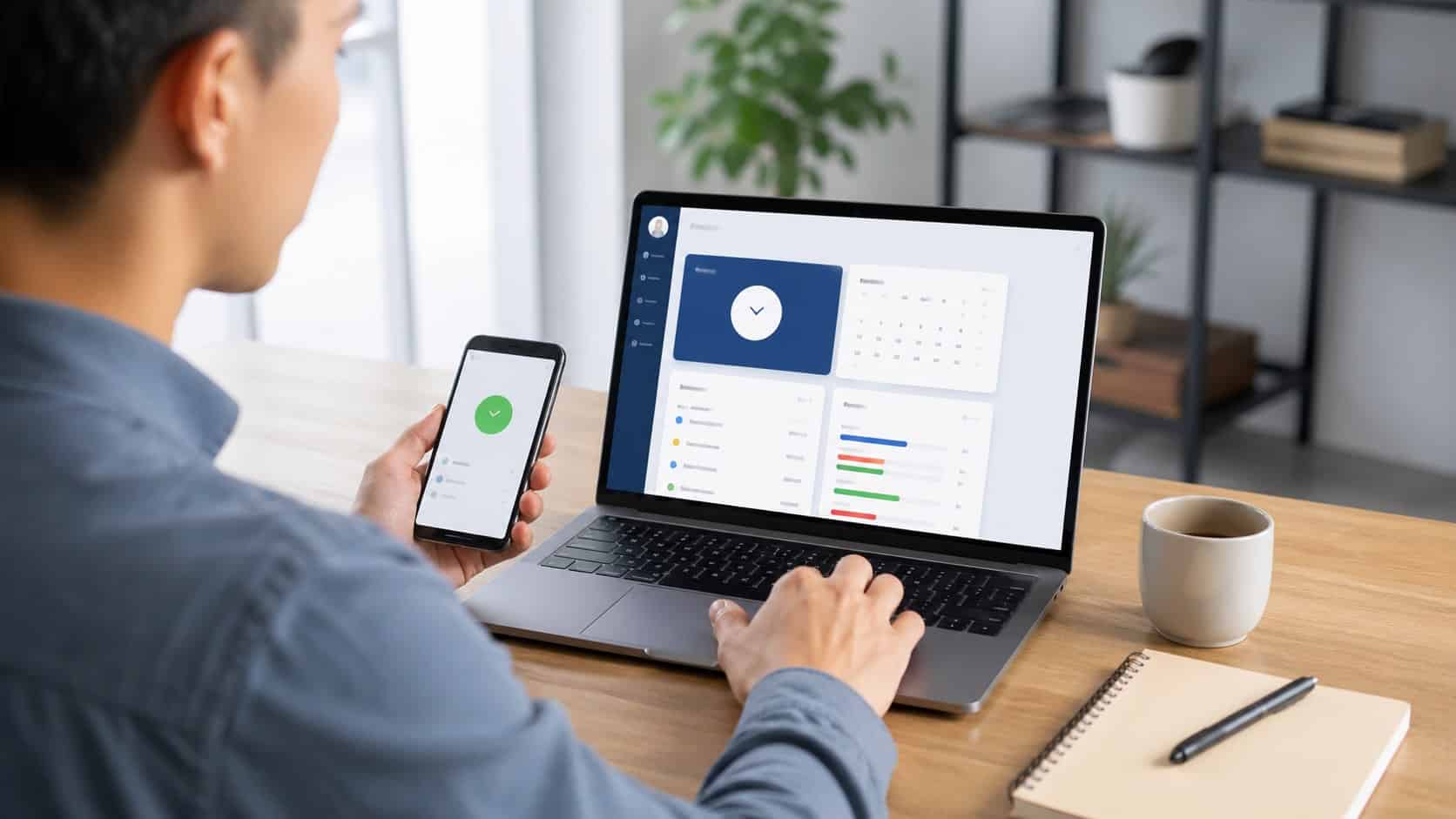 Employee using an employee time clock app on laptop and mobile dashboard in a modern workspace.