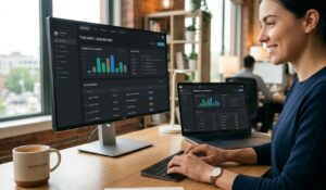 Employee timesheet software dashboard displayed on desktop and laptop for tracking work hours, productivity, and reports