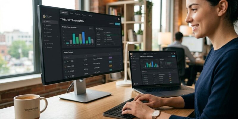 Employee timesheet software dashboard displayed on desktop and laptop for tracking work hours, productivity, and reports
