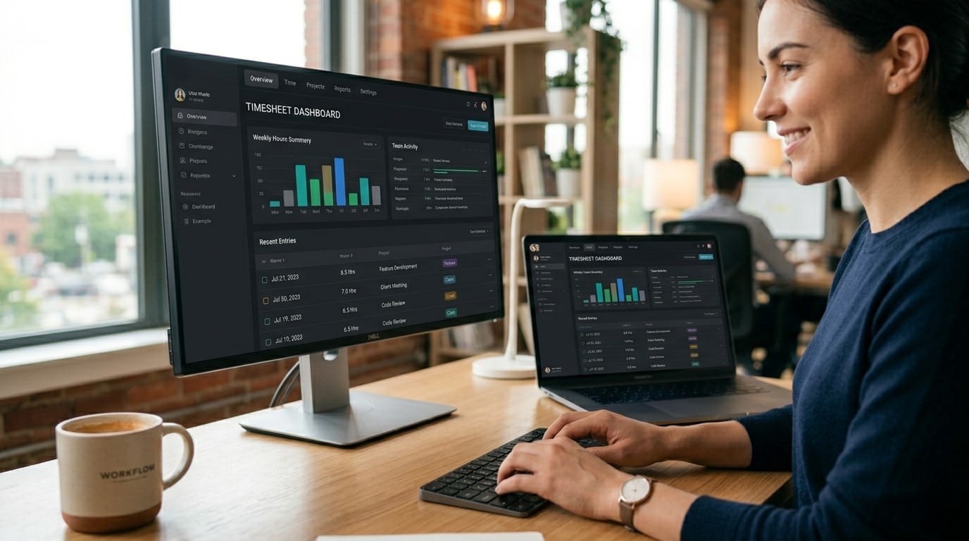 Employee timesheet software dashboard displayed on desktop and laptop for tracking work hours, productivity, and reports
