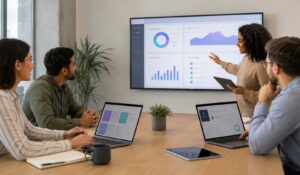 Employee training resources session with a team reviewing digital learning dashboards, performance metrics, and workplace development tools during a collaborative meeting.