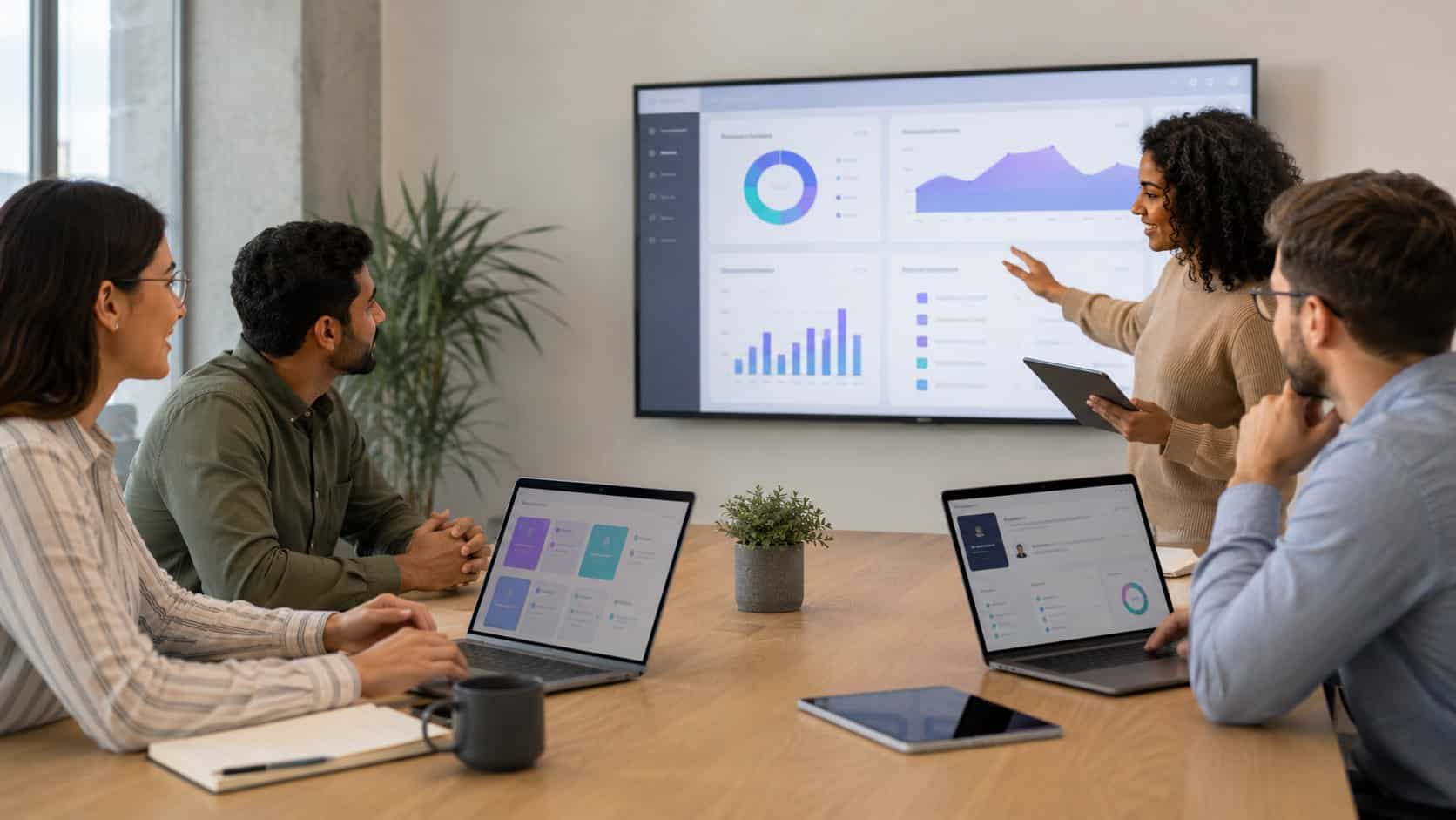 Employee training resources session with a team reviewing digital learning dashboards, performance metrics, and workplace development tools during a collaborative meeting.