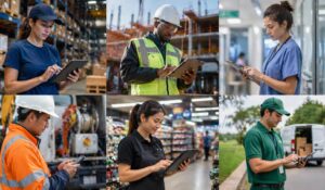 Frontline Employee Engagement across industries with workers using digital tools in warehouse, construction, healthcare, retail, and field service environments
