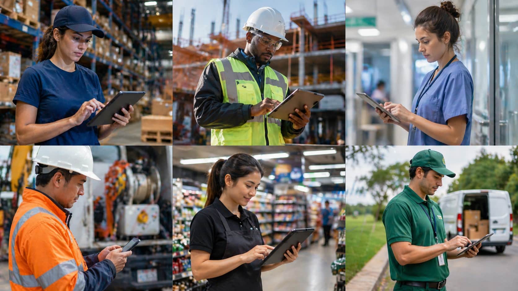 Frontline Employee Engagement across industries with workers using digital tools in warehouse, construction, healthcare, retail, and field service environments