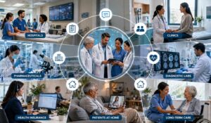 Healthcare communications across hospitals, clinics, labs, insurance, and home care showing connected teams, patients, and digital collaboration in modern healthcare ecosystem.