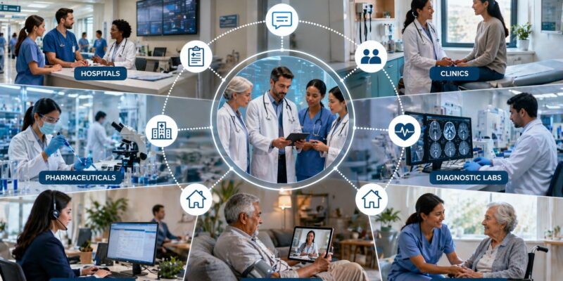 Healthcare communications across hospitals, clinics, labs, insurance, and home care showing connected teams, patients, and digital collaboration in modern healthcare ecosystem.
