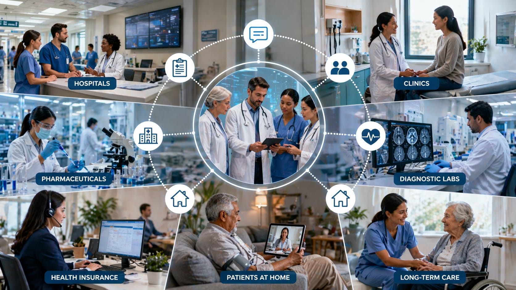 Healthcare communications across hospitals, clinics, labs, insurance, and home care showing connected teams, patients, and digital collaboration in modern healthcare ecosystem.