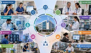 Hospital communication across departments including nursing, doctors, laboratory, radiology, pharmacy, administration, housekeeping, and dietary services in a connected hospital system.