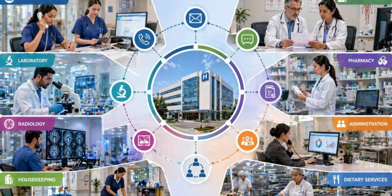 Hospital communication across departments including nursing, doctors, laboratory, radiology, pharmacy, administration, housekeeping, and dietary services in a connected hospital system.