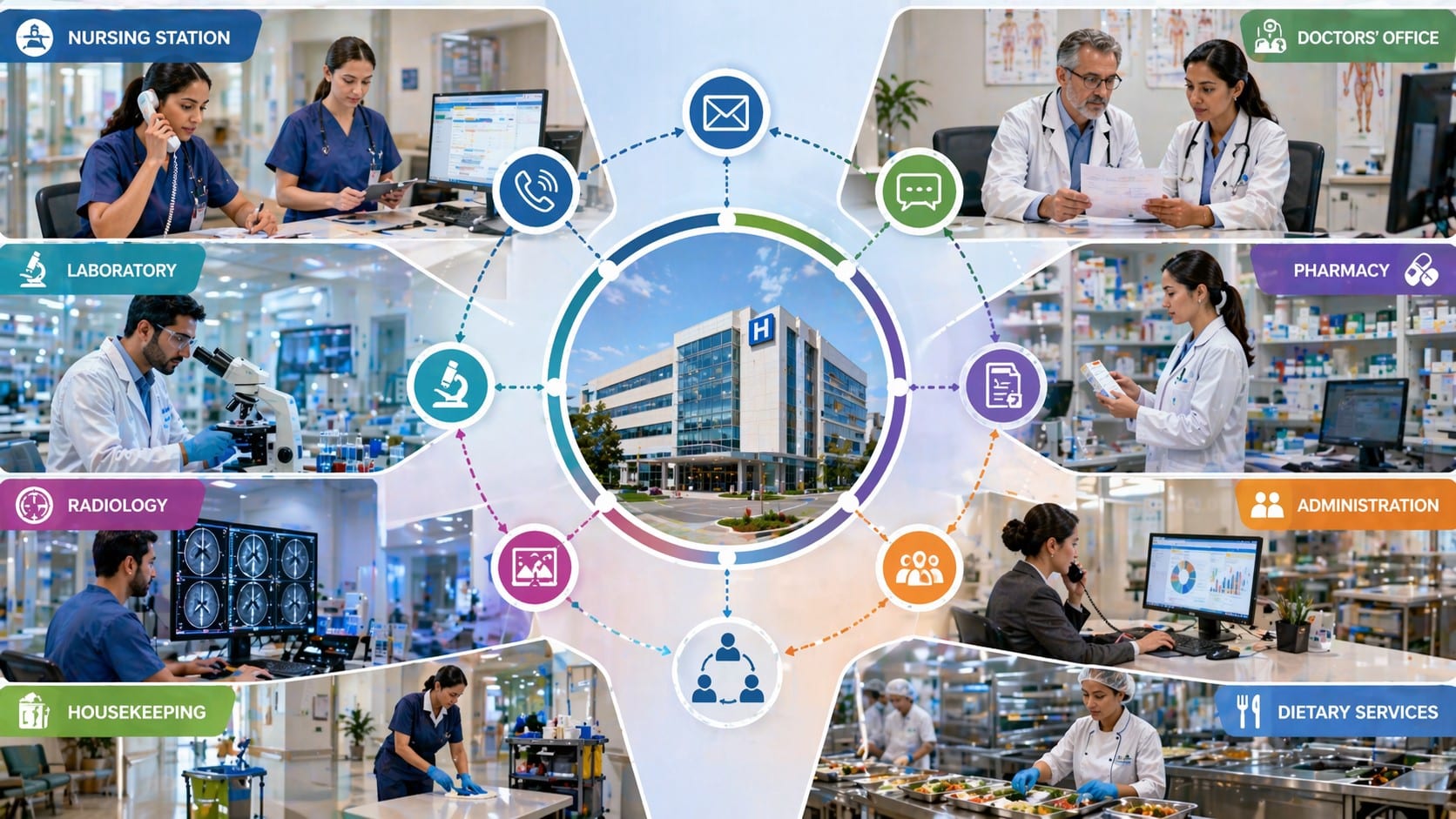 Hospital communication across departments including nursing, doctors, laboratory, radiology, pharmacy, administration, housekeeping, and dietary services in a connected hospital system.