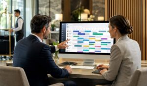 Hotel managers reviewing hotels staff scheduling software dashboard to organize staff shifts in a modern workspace