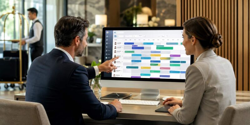 Hotel managers reviewing hotels staff scheduling software dashboard to organize staff shifts in a modern workspace