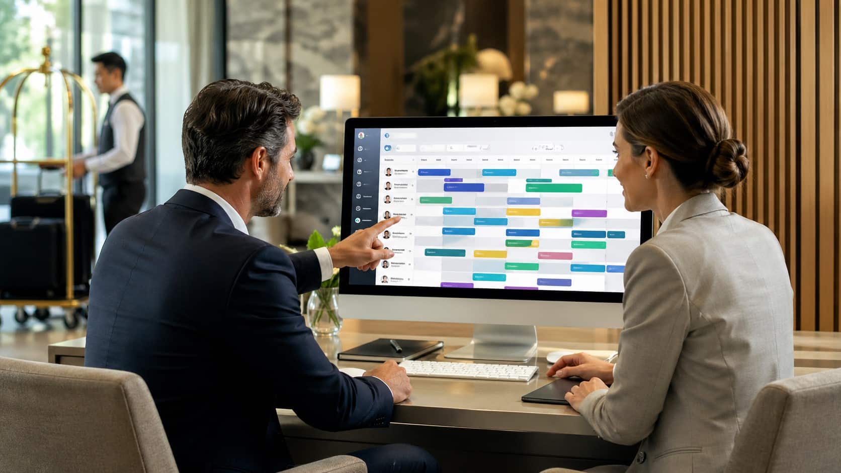 Hotel managers reviewing hotels staff scheduling software dashboard to organize staff shifts in a modern workspace