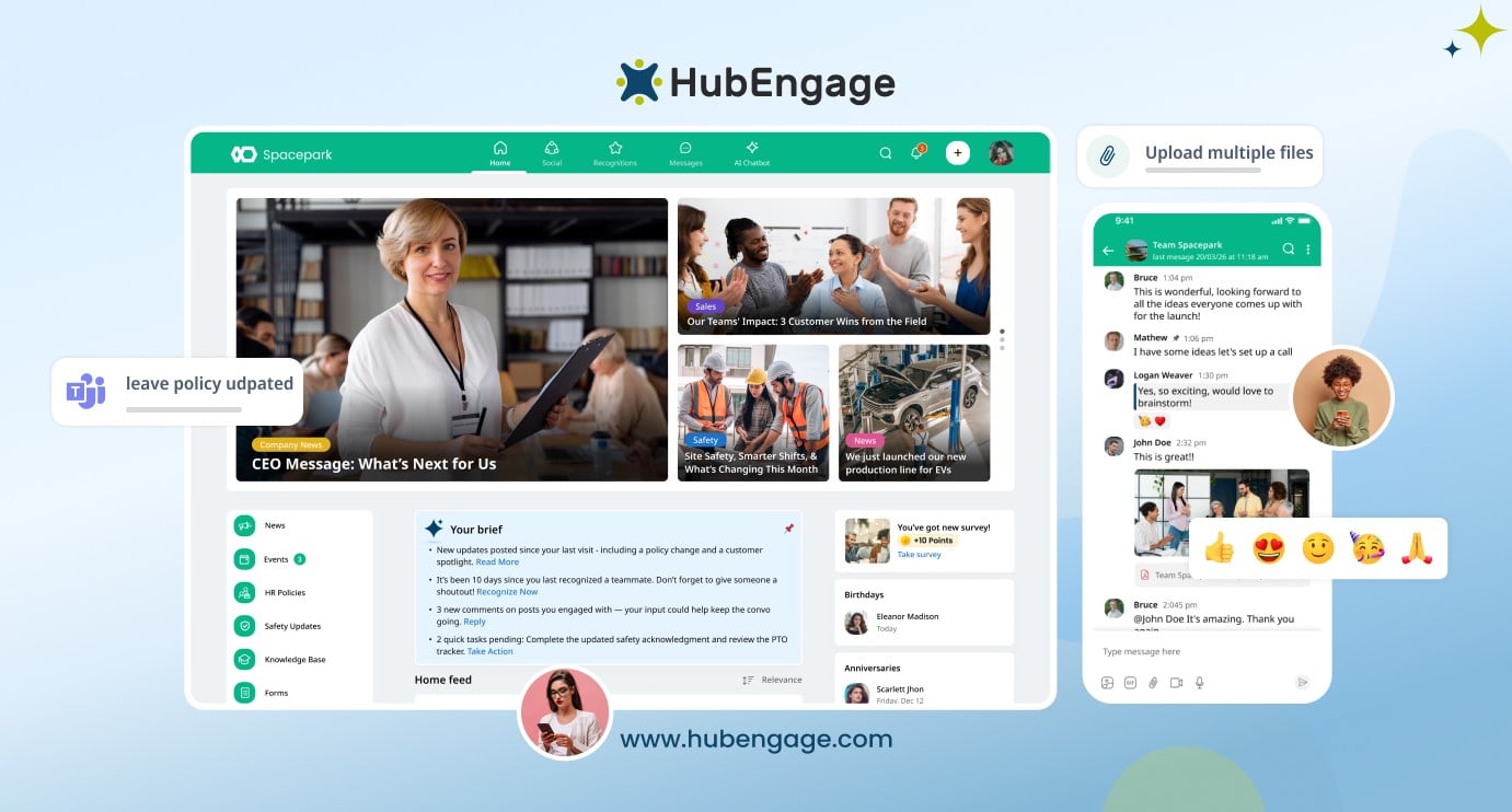 HubEngage platform dashboard with team collaboration, messaging, file sharing, and employee engagement features for interdepartmental communication.