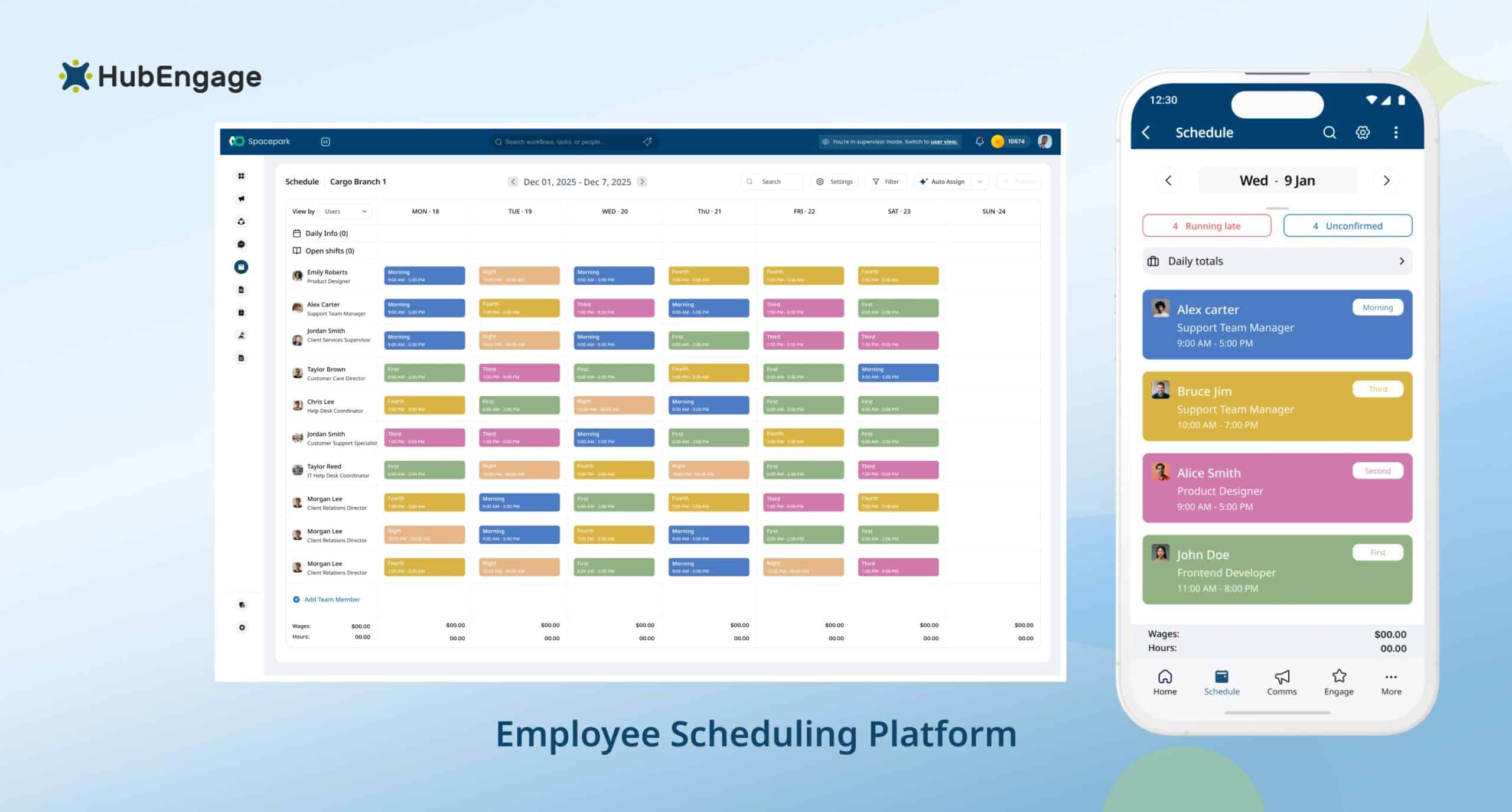HubEngage dashboard showcasing online employee scheduling software with shift planning, team management, and mobile access for efficient workforce scheduling.
