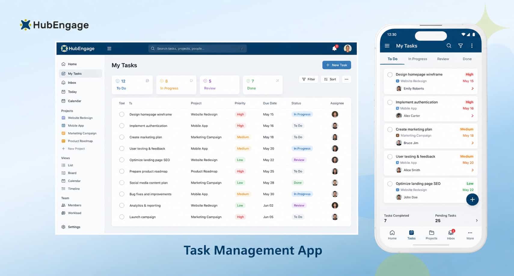 HubEngage Task Management Software dashboard showing task lists, priorities, deadlines, and mobile app interface for team collaboration.